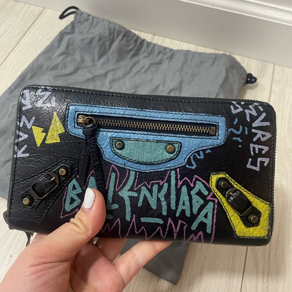 Balenciaga Black Leather Graffiti Zip Wallet with Blue and Yellow Accents